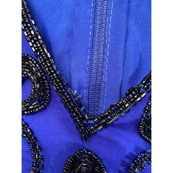 Vintage 80s Silk Blouse 1980s Royal Blue & Black Beaded Art Deco Goth Size Small - Picture 2 of 5